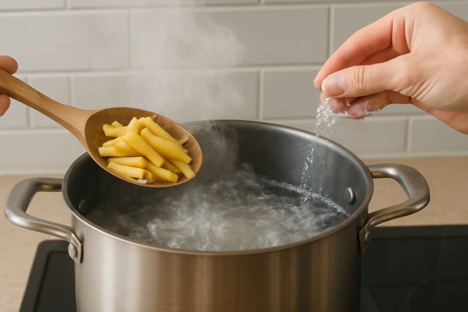 “Pasta added to boiling salted water.”