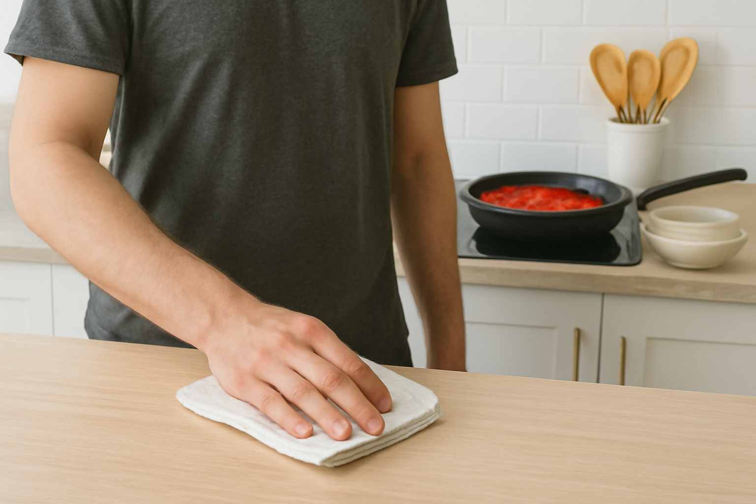“Person cleaning the counter while cooking.”