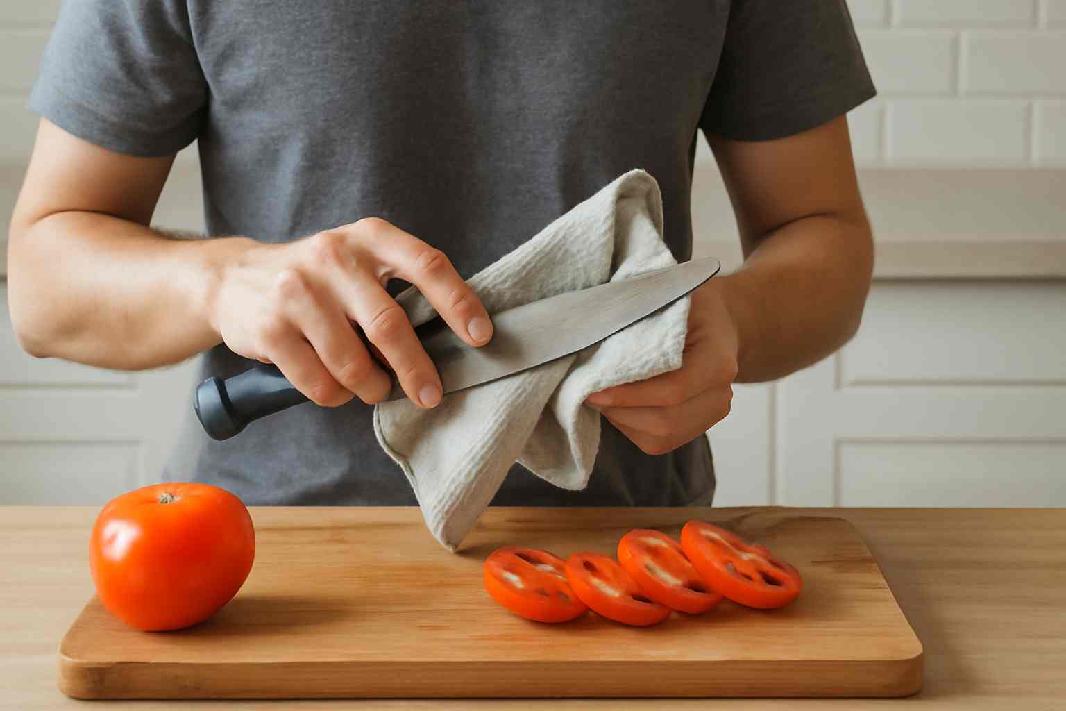 “Person wiping knife while cutting vegetables.”