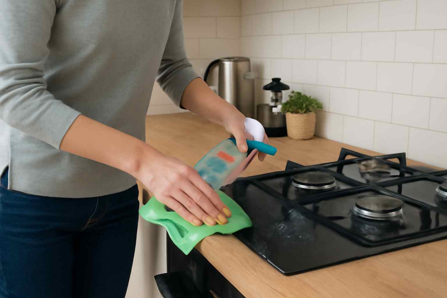 A person cleaning a gas stovetop with a green microfiber cloth and spray bottle, maintaining a tidy kitchen with a quick five-minute daily cleaning routine.