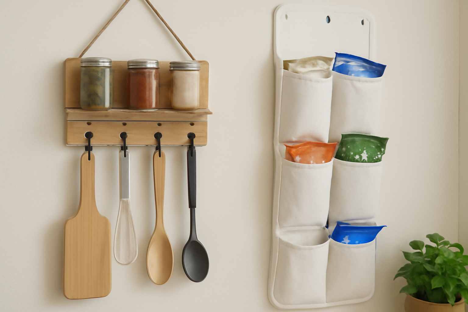 Creative DIY kitchen storage ideas, including a wooden spice rack made from jars and a fabric shoe organizer used for snacks, maximizing space in a budget-friendly kitchen.