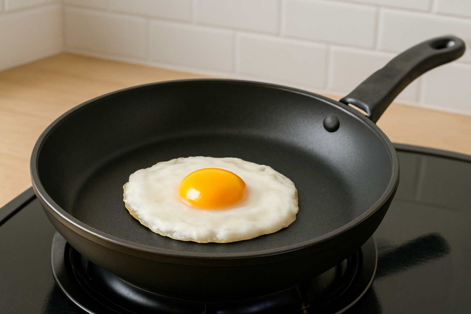 “Egg frying on low heat in a pan.”