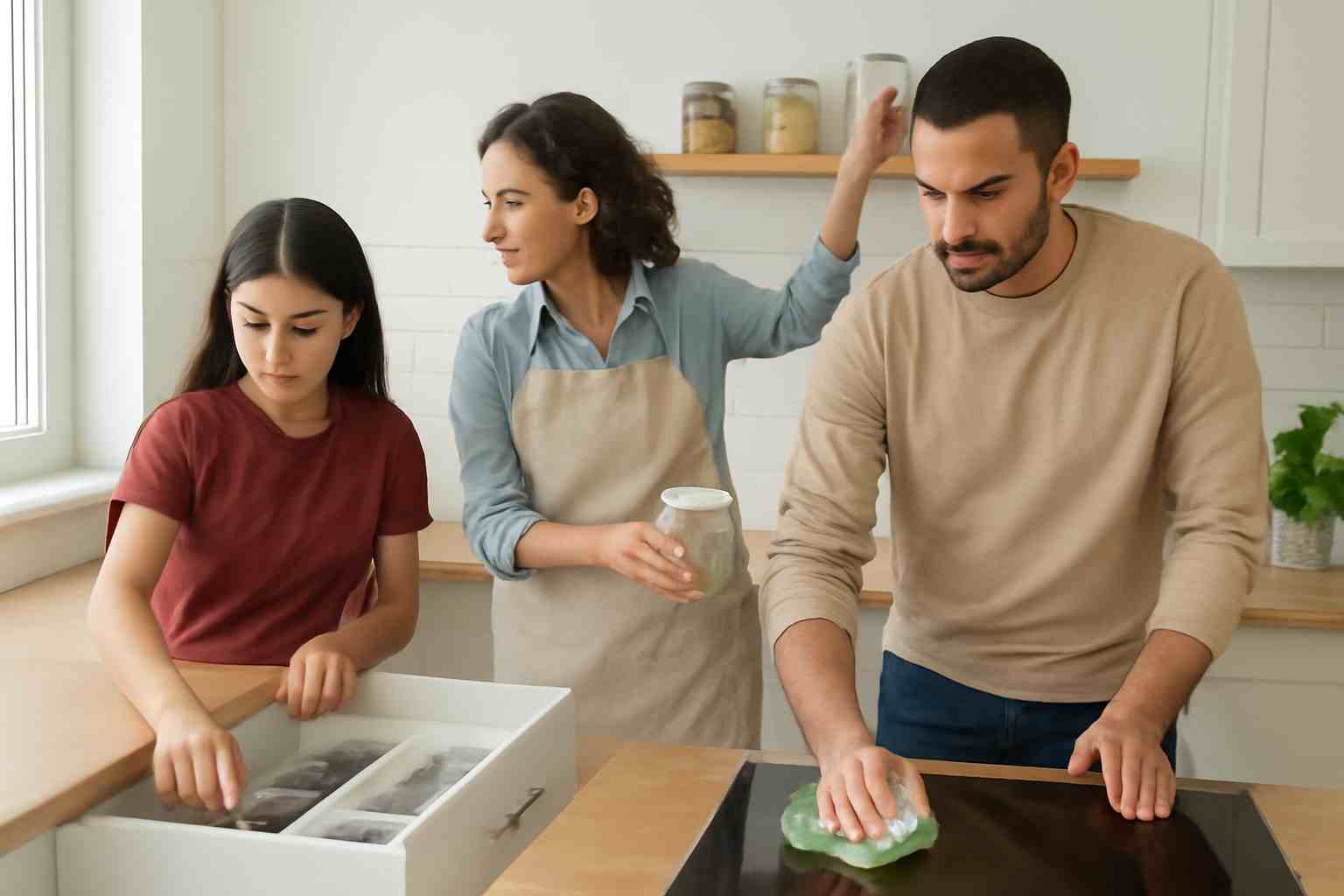 A family working together in a bright kitchen, one person organizing drawers, another cleaning the stovetop, and a third putting items back in their place, maintaining a tidy kitchen with shared responsibility.