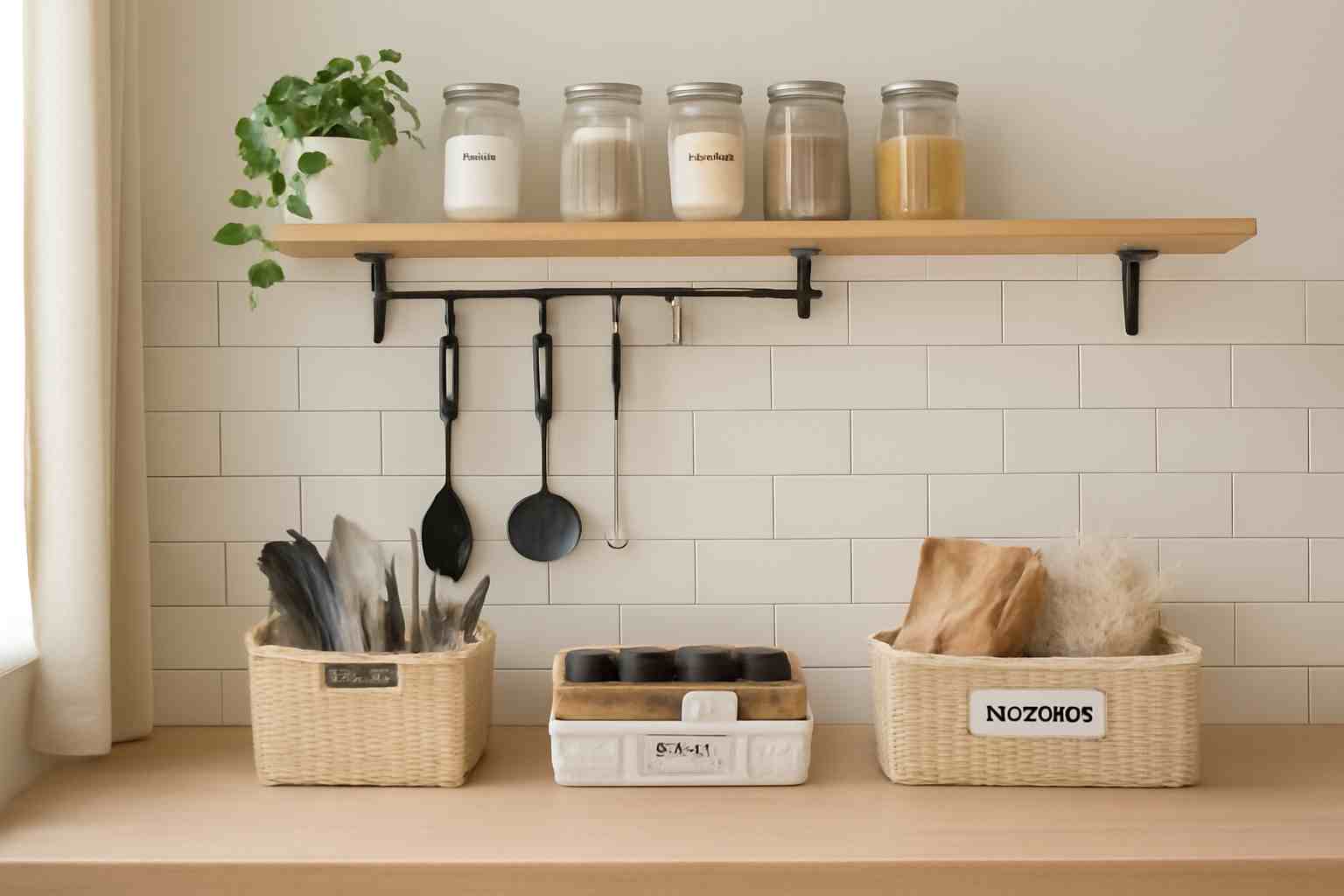Grouping kitchen items with labeled containers for better organization on a budget.