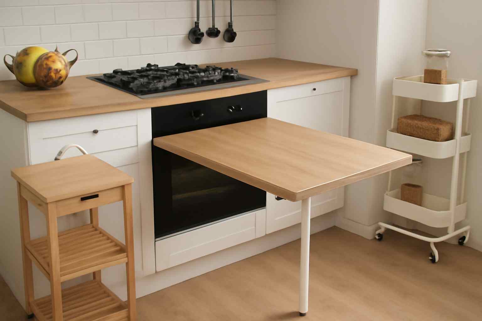A modern small kitchen with a foldable wooden table and a rolling cart, maximizing space with multi-purpose furniture, ideal for a budget-friendly kitchen design.