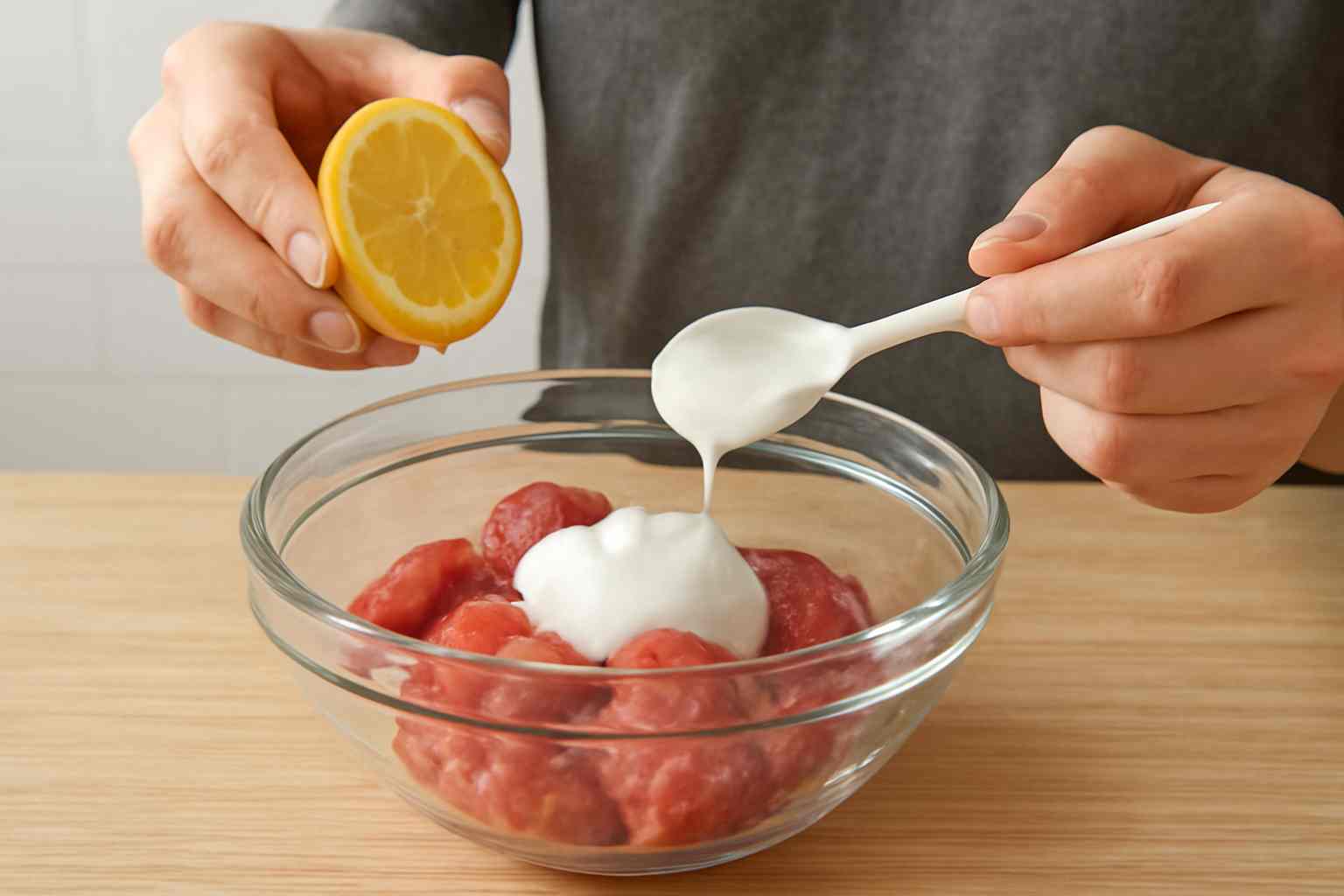“Meat marinating in yogurt and lemon for tenderizing.”