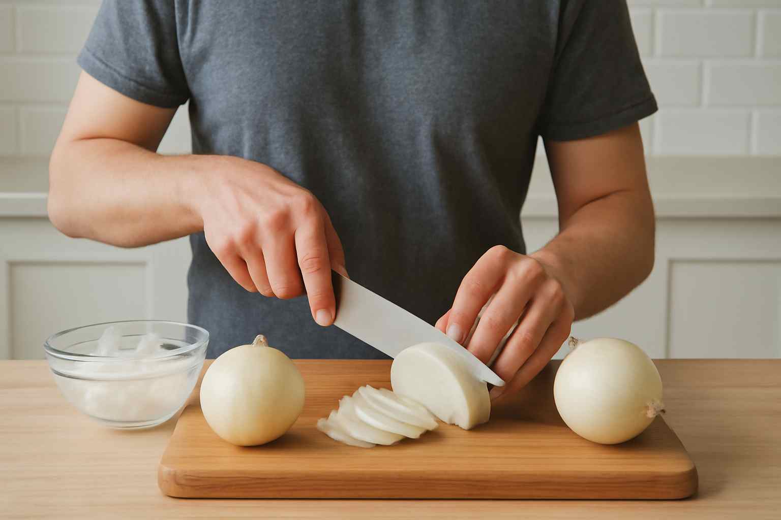 “Person slicing chilled onion to avoid tears.”