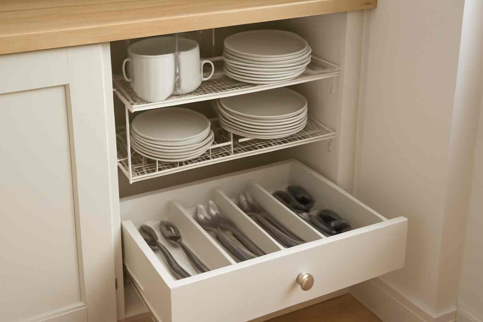 A neat kitchen cabinet with organized plates on under-shelf baskets and stainless steel utensils in a divider tray, showcasing efficient storage solutions for a low-budget kitchen.