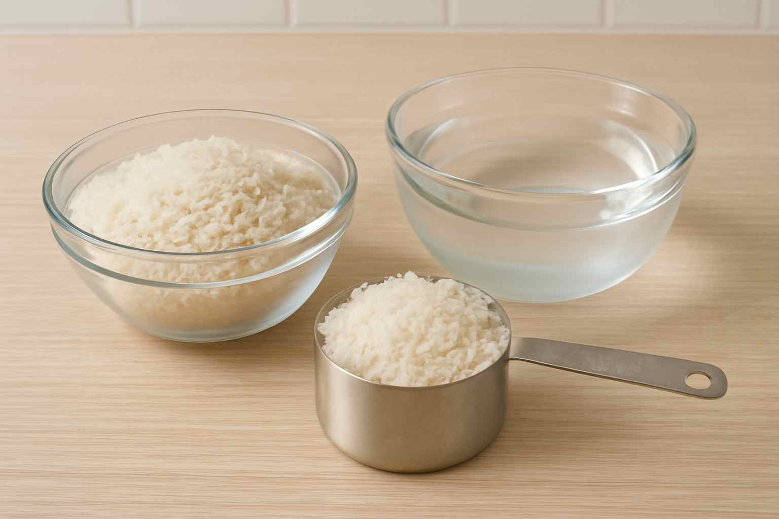 “Rice and water measured with a cup.”