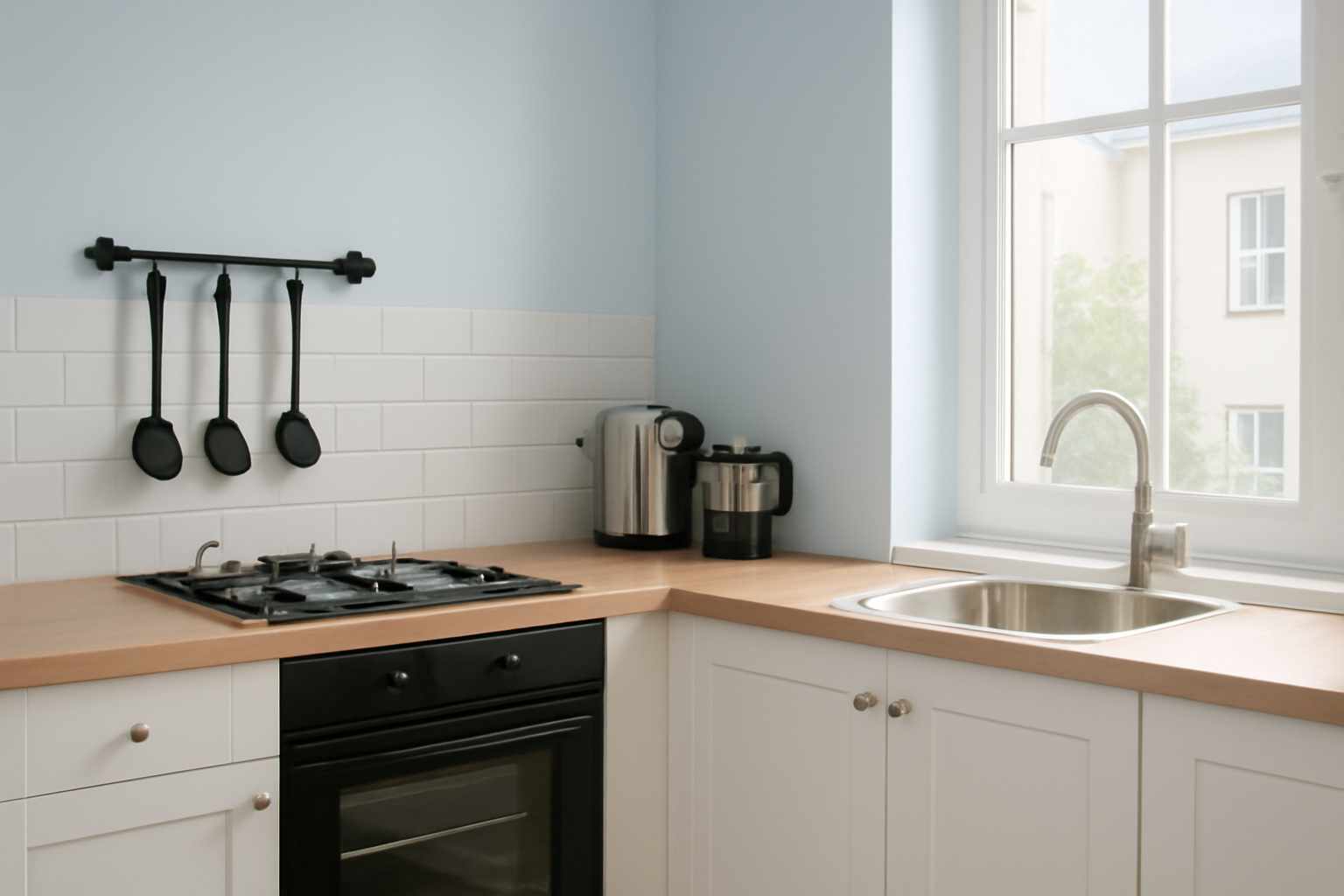 A small kitchen with soft blue walls, white cabinetry, and natural light pouring through the window, creating a fresh, clean atmosphere with a potted plant adding a touch of nature.