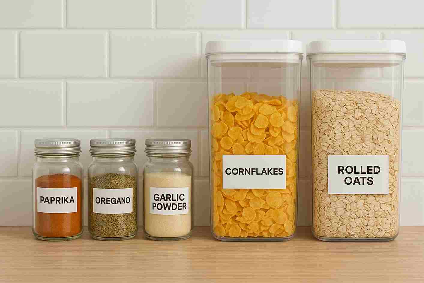 Transparent storage containers for easy, organized small kitchen setup.