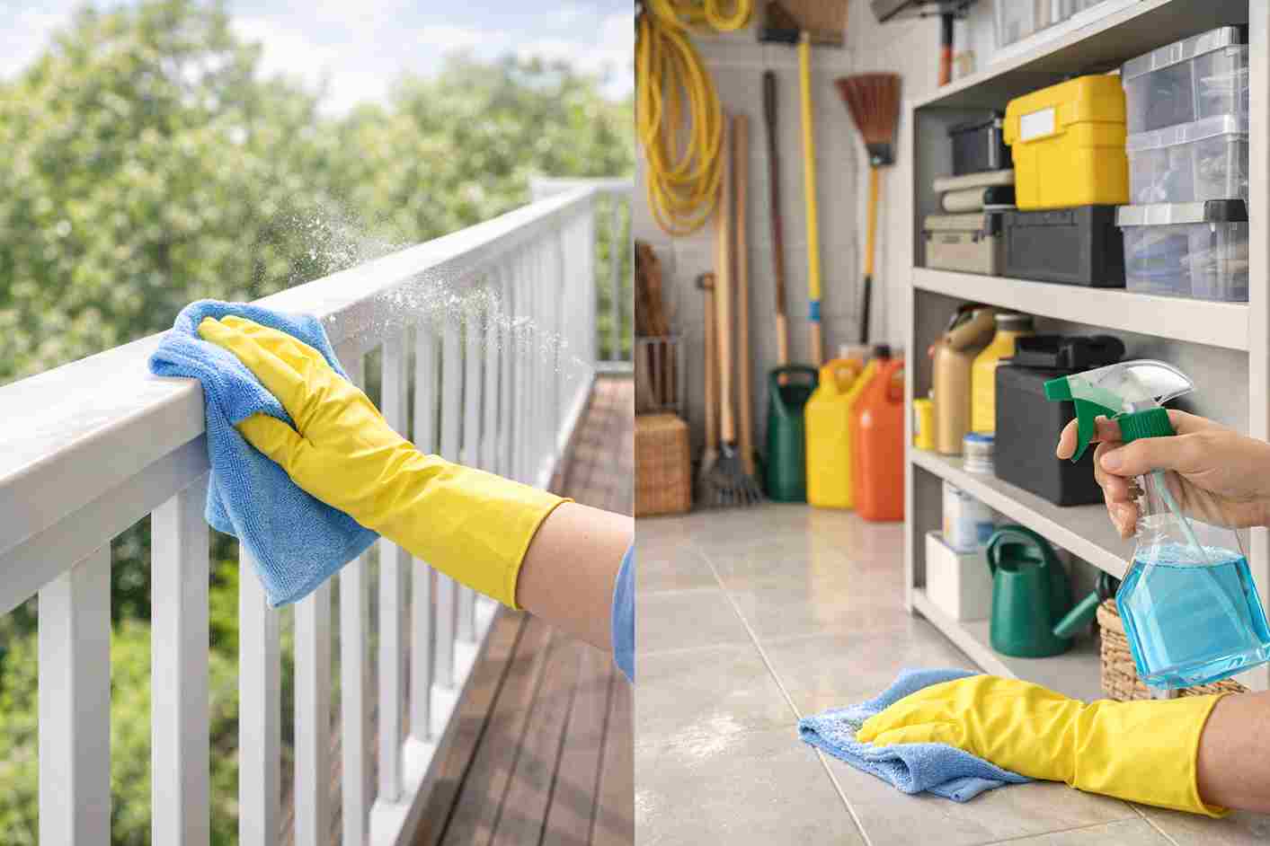Cleaning balcony and storage areas in a new house