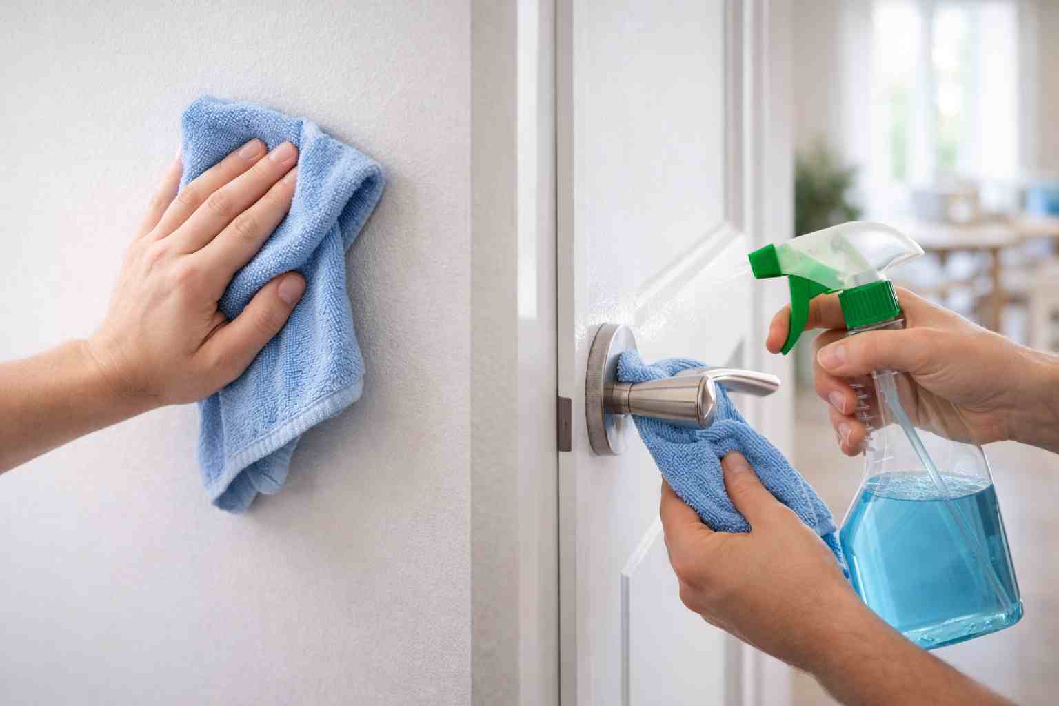 Wiping walls and doors during deep cleaning of a new house