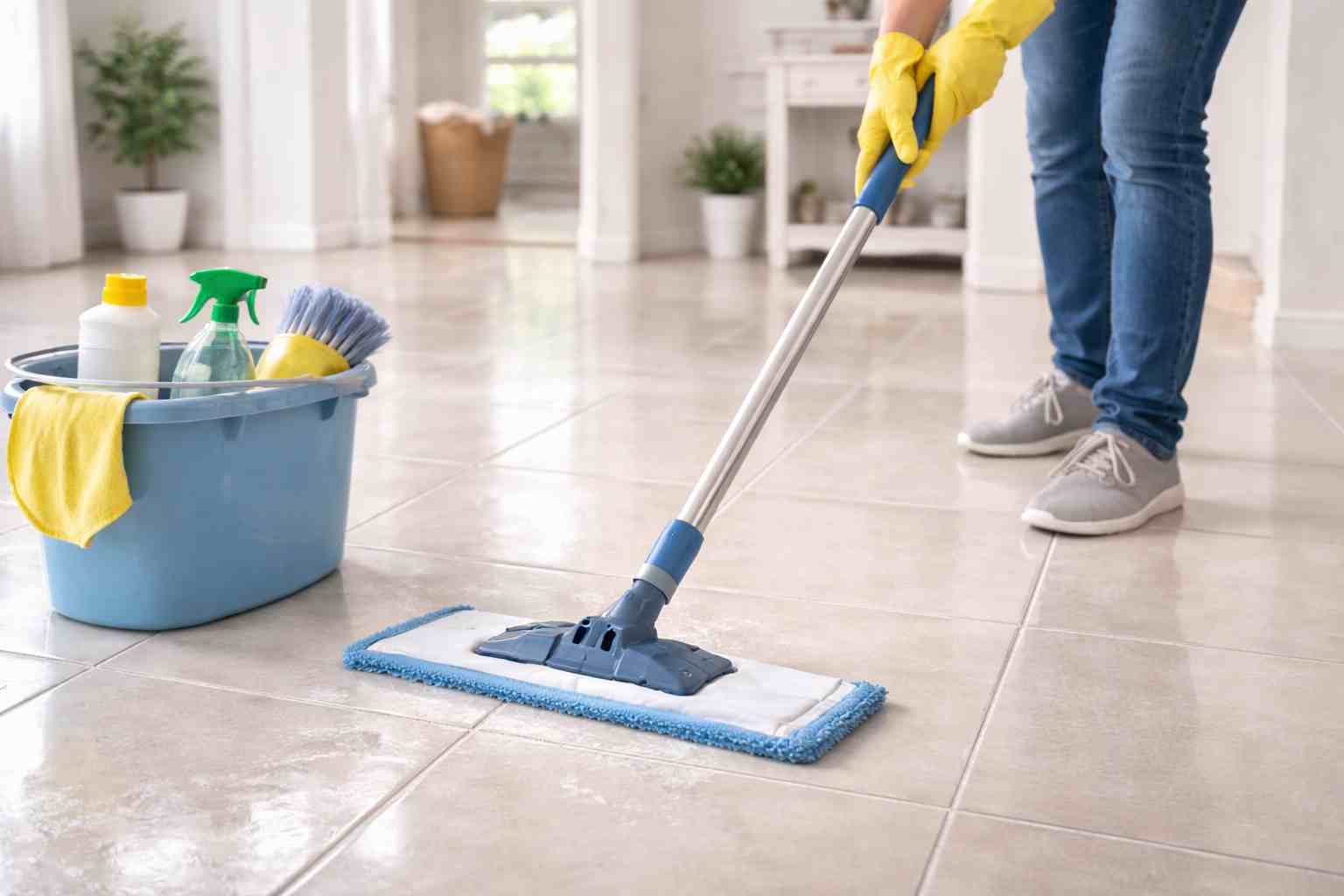 Mopping floors during deep cleaning of a new house