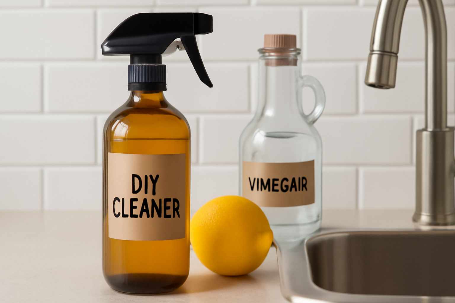 natural kitchen cleaning spray beside sink