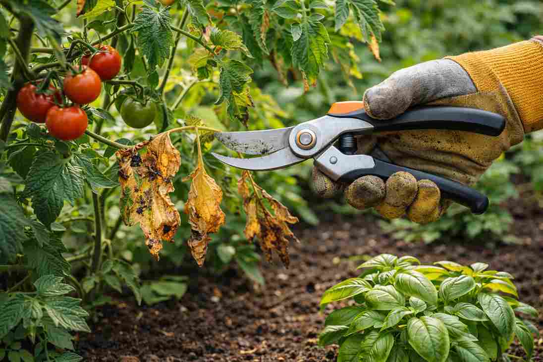Pruning dead leaves from plantsRemoving dry and diseased leaves to improve plant health.