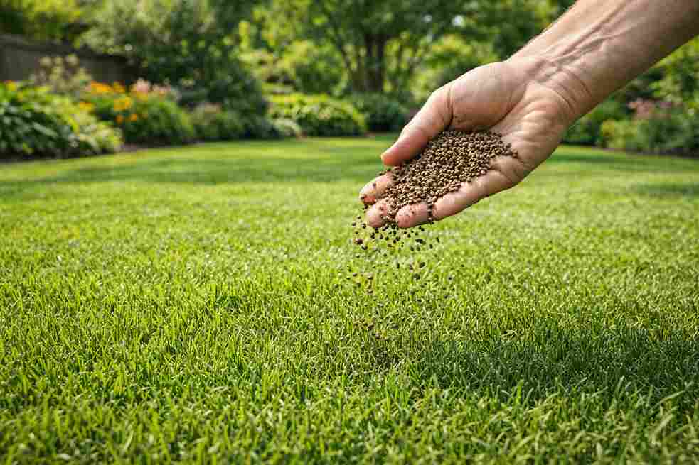 Applying fertilizer carefully to lawn grass