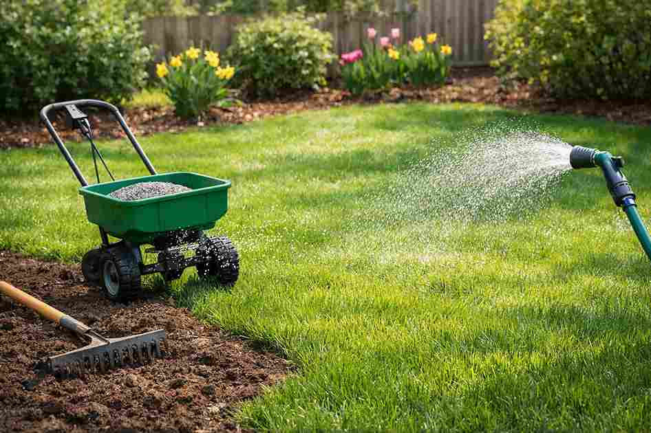 Spring lawn care process showing fresh grass growth and soil preparation