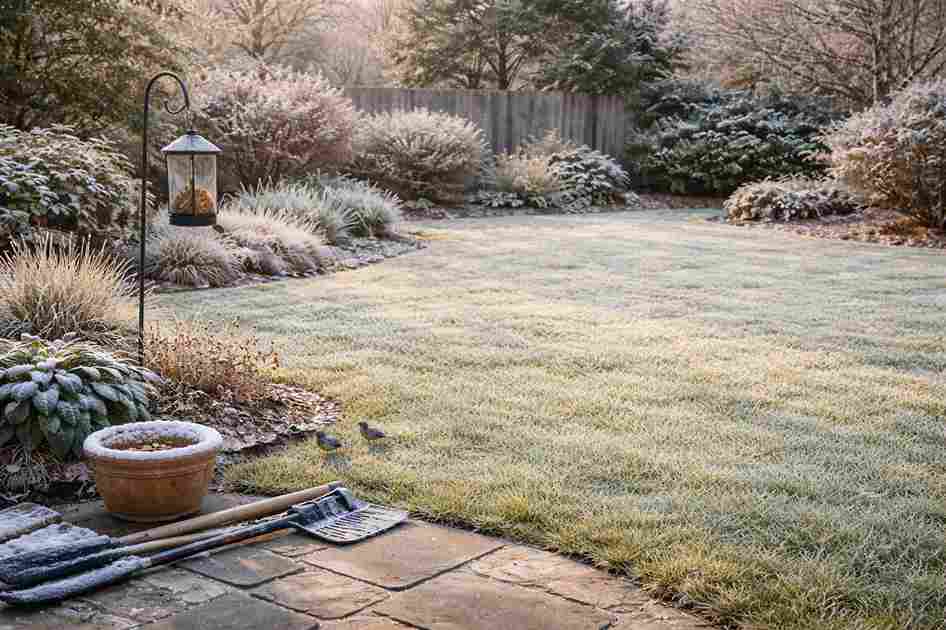 Winter lawn care showing dormant grass and minimal maintenance