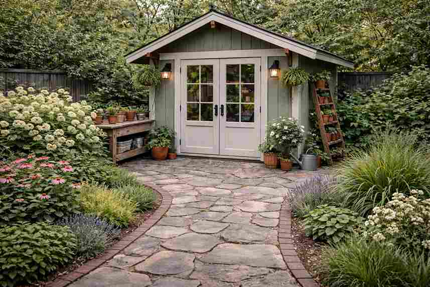 Garden shed flooring and surrounding area design
