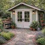 Decorated garden shed enhancing backyard beauty
