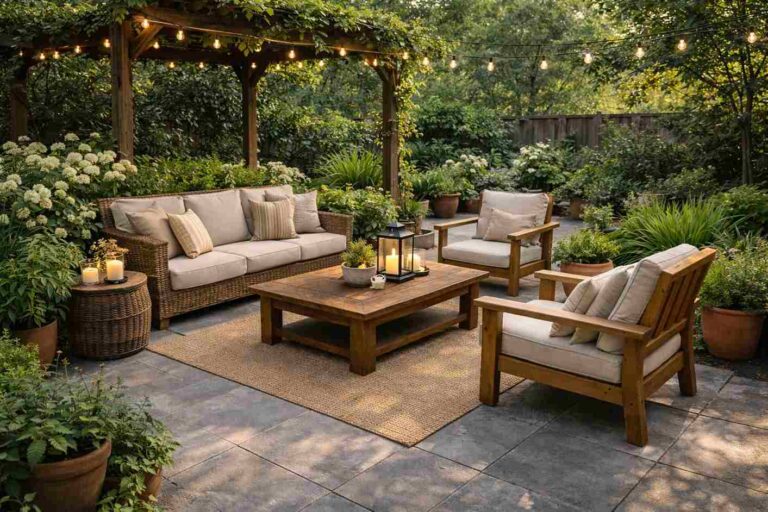 Outdoor living space design with seating, plants, and lighting